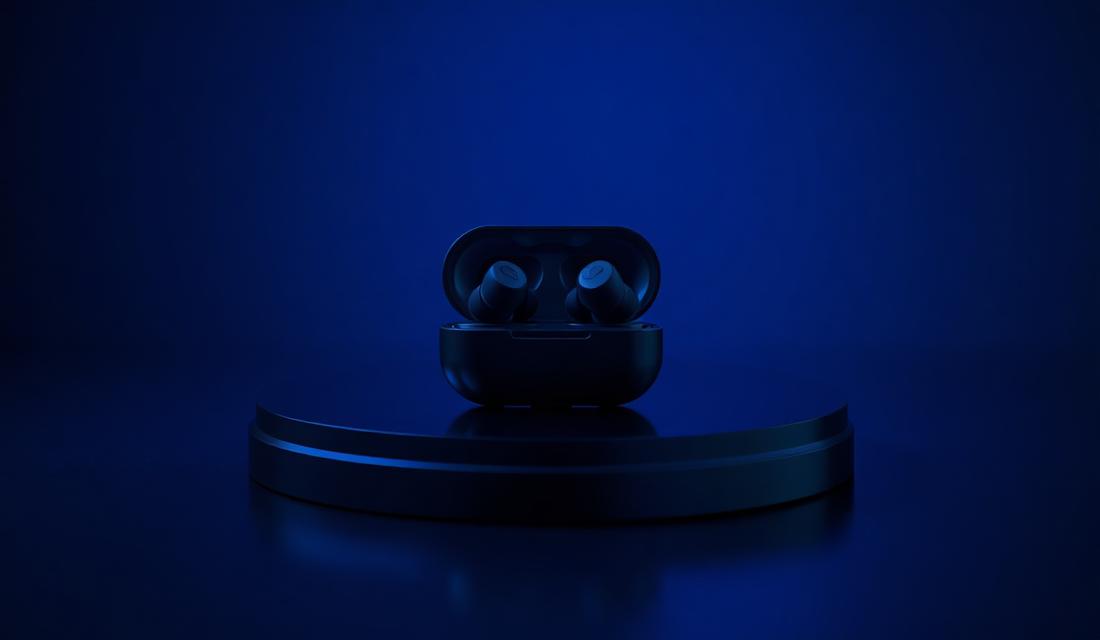 Wireless earbuds resting on a dark platform